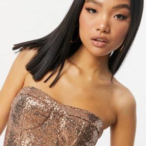 NWT Collective  Exclusive Sequin Bandeau Crop Top In Mocha-brown Size 14 Petite